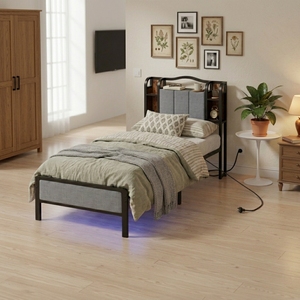 <span class=keywords><strong>Letto</strong></span> Moderno Minimalista <span class=keywords><strong>in</strong></span> <span class=keywords><strong>Ferro</strong></span> Spesso con Schienale e Testiera Imbottita, Spazio Contenitore e Presa di Corrente - Product Image 5