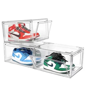 Kotak Sepatu Sneaker Magnetik, Kotak Wadah Penyimpanan Sepatu Akrilik Bening, KOTAK SEPATU Bertumpuk Sisi Jatuh Ukuran Besar untuk Sneaker