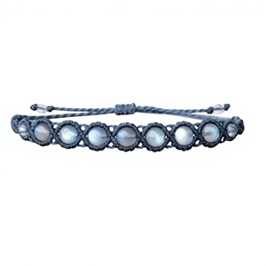 Boho Freshwater Pearl Moonstone <b>Beaded</b> <b>Bracelet</b> Gray Cord Adjustable Unisex Engagement Jewelry Everyday Wear 925 Silver Setting - Product Image 1