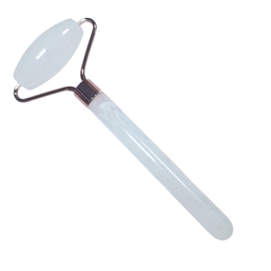 Rouleau facial en jade blanc naturel à tête unique avec manche en résine allongé, masseur facial, vente en gros - Product Image 4