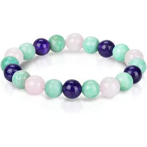 10mm Unisex Natural Russian Amazonite Amethyst Rose Quartz Personality Romance Design Stretch Beaded Bracelet