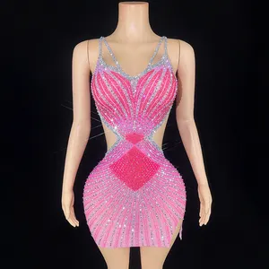 NOVANCE summer clothes for women suspender pink diamonds stretchy mesh sexy mini dress evening dresses for prom party ball room