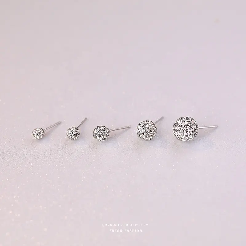 Clásico al por mayor 925 joyería de moda de plata esterlina forma de bola 4 varios tamaños pendientes de diamantes de imitación para damas