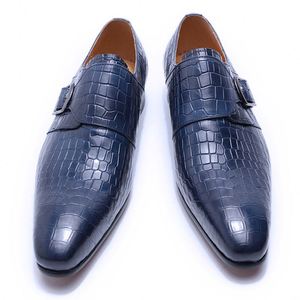 รองเท้าหนังผู้ชายแบบสวม ยอดนิยม ลายพิมพ์ สายรัดแบบ Monk Strap หัวเข็มขัด เหมาะสำหรับงานแต่งงาน งานออฟฟิศ ธุรกิจ สีดำ สีน้ำเงิน - Product Image 4