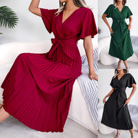 Robe longue plissée fluide à col en V et manches courtes avec ceinture, coupe trapèze, collection Printemps-Été 2025 pour femme