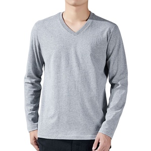 T-shirt en coton épais 250g pour homme, col en V, manches longues, coupe ample, couleur unie, design décontracté, chemise de base, vente en gros - Product Image 4