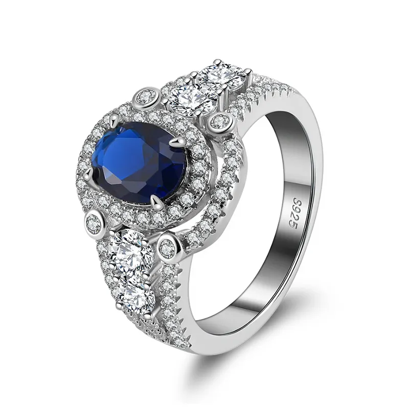 Rinntin Lzr18 Sieraden Aanpassen 14K Royal Blue Lab Gegroeide Saffier En Lab Diamanten Verlovingsring