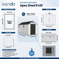 Abri de jardin en plastique KENDA 8x16 pieds avec fenêtre : Résistance aux typhons de niveau 11, garantie 10 ans