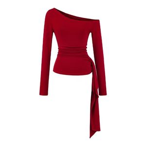 T-shirt décontracté en coton respirant à manches longues pour adulte, avec épaules asymétriques et taille cintrée, design élégant, teinture unie - Product Image 6