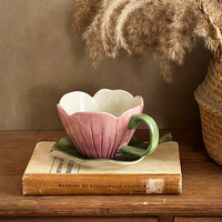 Ensemble tasse et soucoupe en céramique peintes à la main de style vintage, compatibles lave-vaisselle et micro-ondes, pour le thé de l'après-midi et le latte art