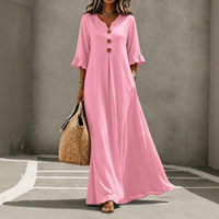 Robe longue unie à col en V pour femmes européennes et américaines, élégante et tendance, avec poches, coupe ample et jupe évasée