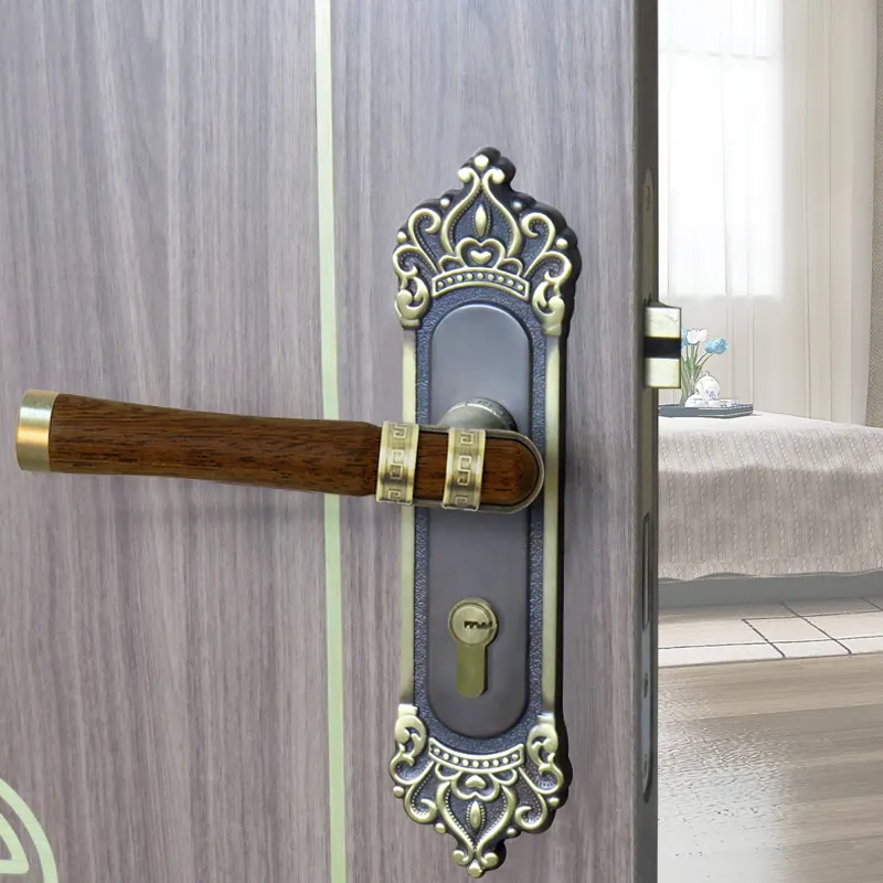 Interior Sandalwood Red Classic Style Luxury Antique Brass security door Lever handles Rosette Door Handle Lock
