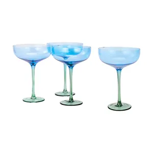 웨딩 파티를위한 4 개의 2 톤 블루 및 그린 쿠페 안경 도매 맞춤형 와인 잔 세트
