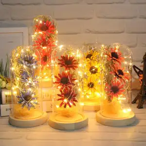 Día de San Valentín Regalos del Día DE LA Madre Girasol artificial eterno encantado en decoración de cúpula de cristal Flores secas LED con luz