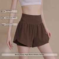 Shorts athlétiques fluides taille haute pour femmes, couleur moka, effet ventre plat, croisés, doublure double couche, bordure froncée, exportateur en gros