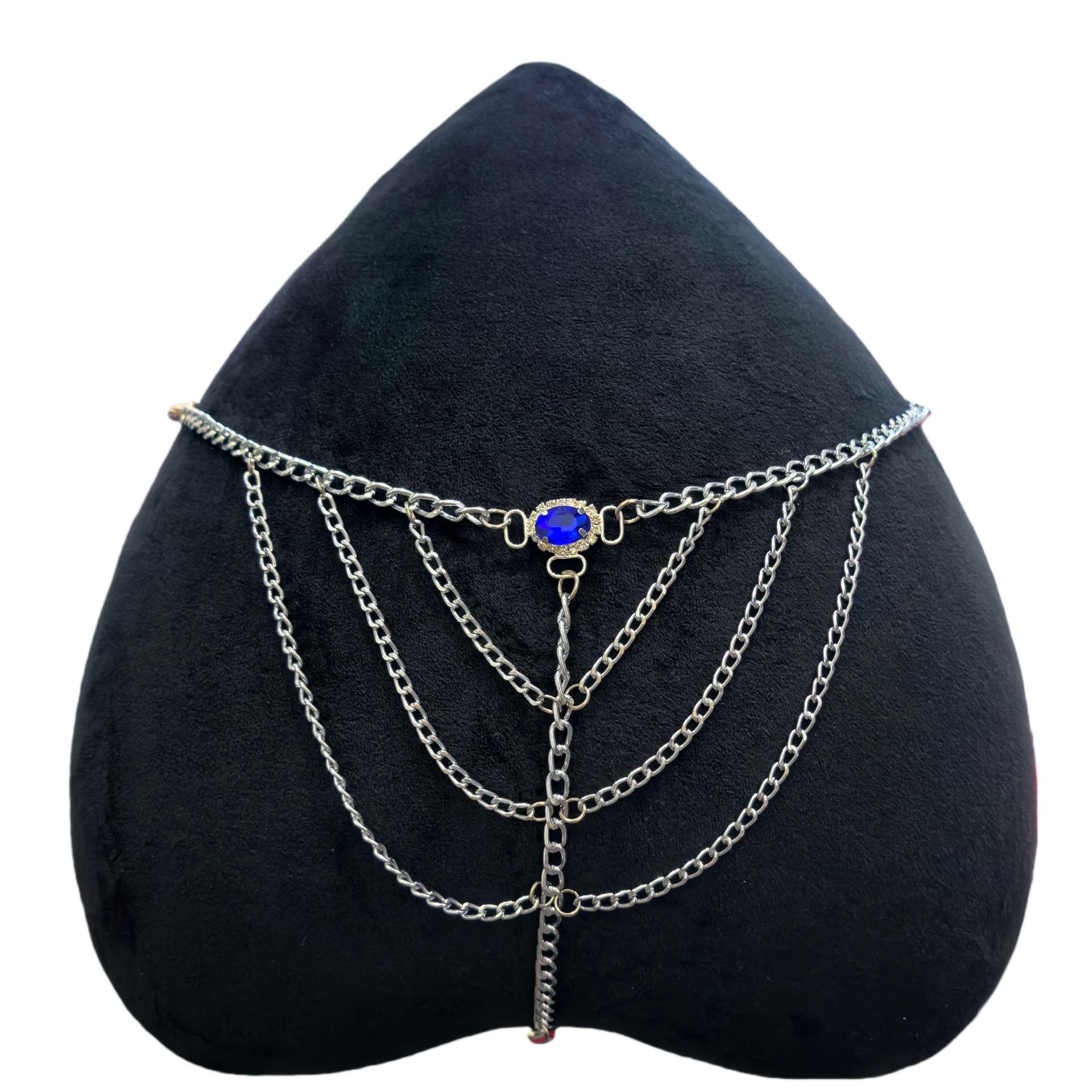 Mezza catena in pizzo nero-1 pietra blu argento-9908