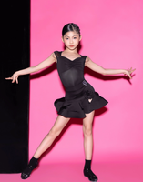 2025 noir jupe latine manches courtes respirant jarretelle salle de bal col en V Tango Salsa danse Costume jupe costume pour enfants