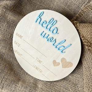 Targa in Legno Incisa Moderna 'Hello World' per Annuncio Nascita, Carta per Traguardi del Bambino - Product Image 4