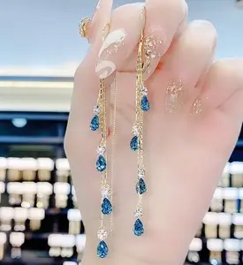 Gold Trend Long Wire Tassel Thread Chain Zircon Drop Pendants Crystal Dangle Earrings Women Straight Hanging Earrings Jewelry