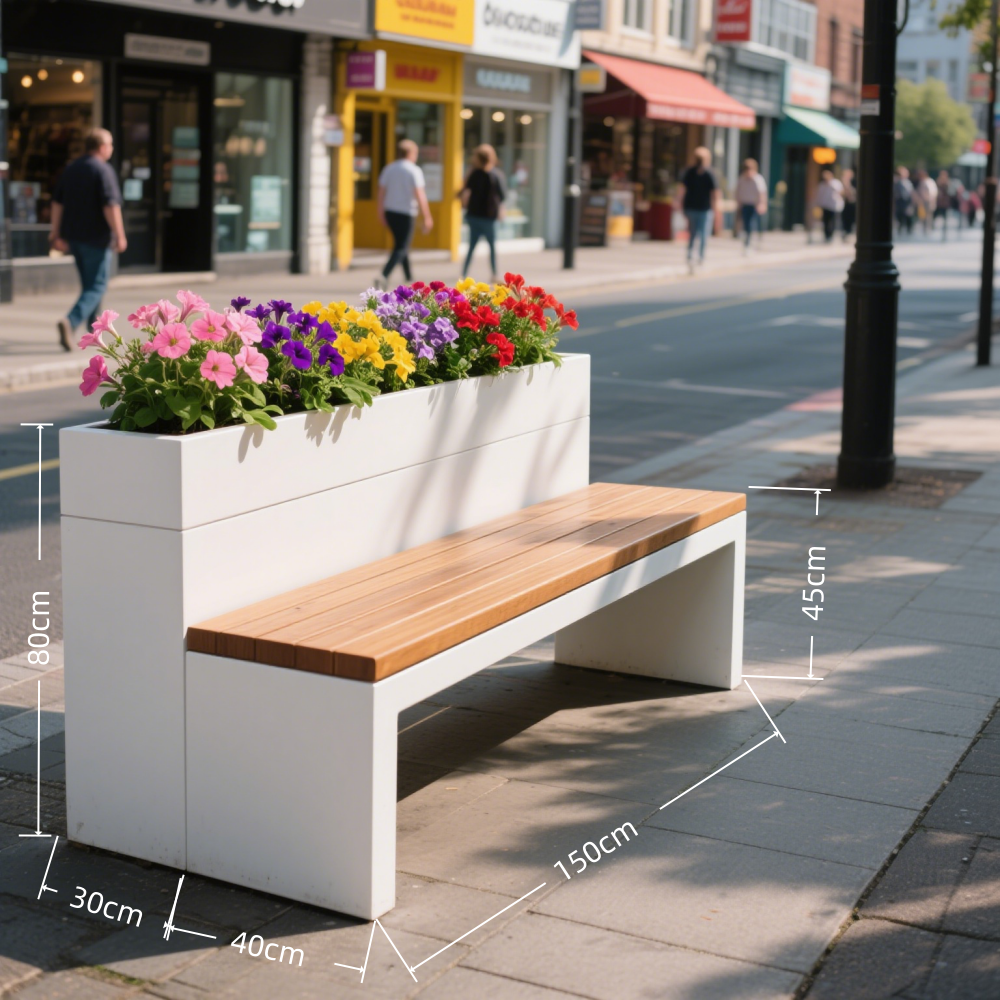 Boîte à fleurs blanche 150*30*80 chaise en bois 150*40*45