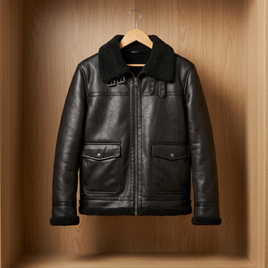 Men's Genuine <b>Leather</b> Bomber <b>Jacket</b> With Faux Fur Lining Zipper Closure Windproof <b>Winter</b> Moto Style Regular Fit - Product Image 1