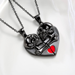 Collier Cœur <span class=keywords><strong>Squelette</strong></span> Noir en Métal avec Pendentif Amour Rouge pour Femme et Homme, Bijou de Couple Crâne, Chaîne de <span class=keywords><strong>Cou</strong></span> Punk Personnalisée, Cadeau - Product Image 1