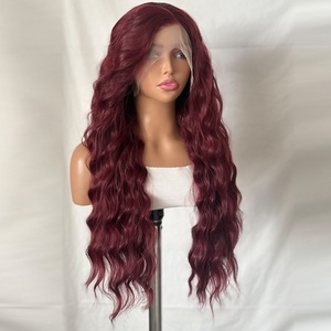 Peluca de encaje frontal sintética de <span class=keywords><strong>fibra</strong></span> Futura Premium HD 13*4 al por mayor, 340g, rojo vino, ondulada, altamente realista, mate, resistente al calor, natural - Product Image 3