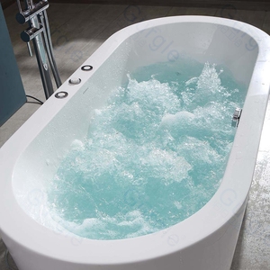 Baignoire autoportante ovale en acrylique Gurgle avec jets d'air, fonction massage, longue et fine, avec trop-plein central - Product Image 3