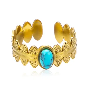 2024 New Blue Natural Stone Open Rings 18k Gold Plated Stainless Steel Rings Fashion Women Jewelry Rings