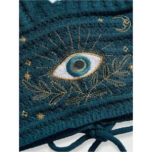 FOXA Women's Crochet Halter <b>Top</b> Embroidered Eye Design Boho Crop Tank Knit <b>Cami</b> Backless Tie Front - Product Image 5