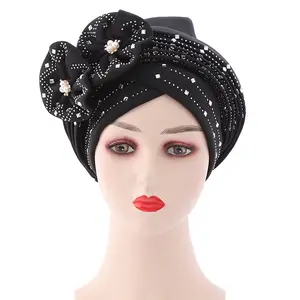 Turbante con estampado africano de diamantes de imitación para mujer, gorros de lujo con estampado de flores, lisas, musulmanas, para la cabeza, gorros para el pelo, 2022