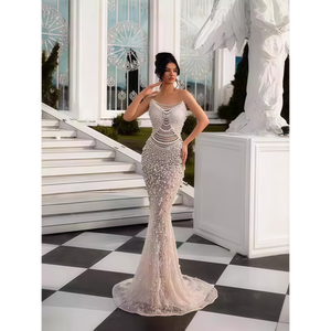 فستان سهرة أنيق وفخم بطول الأرض، مقاس كبير، خصر طبيعي، بدون حمالات، تصميم حورية البحر، فستان زفاف نسائي طويل - Product Image 1