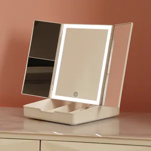 Espejo LED triple plegable con caja organizadora, espejo de escritorio para maquillaje, lupa 2X 3X, se acepta logotipo personalizado y color, venta al por mayor