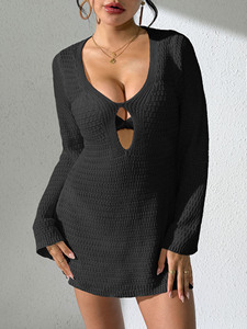 Vestido de playa sexy al por mayor OEM con <span class=keywords><strong>manga</strong></span> larga y aberturas, cuello en V profundo, para mujer, ropa de resort - Product Image 2