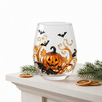 Verre à vin sans pied Halloween, motif citrouille Jack O'Lantern et chauve-souris, en verre transparent, pour fêtes d'automne, cadeau