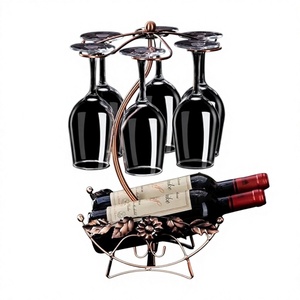 Antique <b>Metal</b> Wine <b>Rack</b> With 5 Glass Holder And Bottle Storage For Home Display - Product Image 3