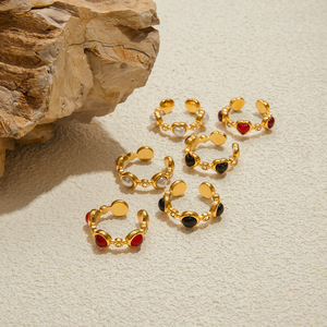 Heart Shape Gold Stainless Steel <b>Ring</b> With Black Glass And Diamonds <b>Open</b> Design Unisex Jewelry Gift - Product Image 4