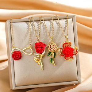 Collar con Colgante de Flor de Rosa, Chapado en Plata Antigua, Acero Inoxidable, Zirconia, Joyería Moderna para Mujer, Resistente al Deslustre, Aniversario - Product Image 1