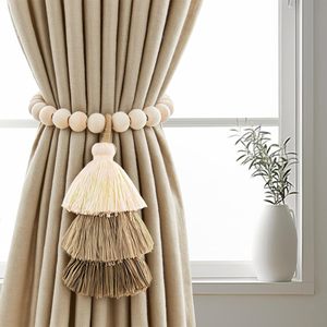 Attaches de rideau en perles de bois magnétiques faites à la main SRG, 2 pièces |   Attaches de rideaux magnétiques simples et élégantes avec pompon |   Accessoires Muraux - Product Image 2