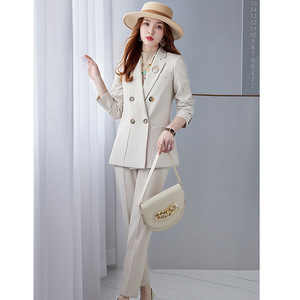 Women's Double Breasted Apricot Suit Set Full Sleeve Polyester Spring Office Lady Anti Wrinkle Two Piece - Product Image 4