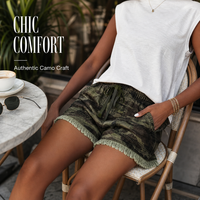 Shorts en jean camouflage taille haute pour femme - Short cargo en jean vert vintage imprimé camouflage avec cordon de serrage - Coupe ample et stylée