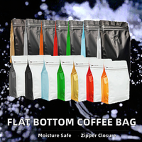 Sachet d'emballage de café en PE à fond plat, noir, à 8 côtés, avec fermeture éclair scellée, valve unidirectionnelle, résistant à l'humidité, impression personnalisée pour café torréfié