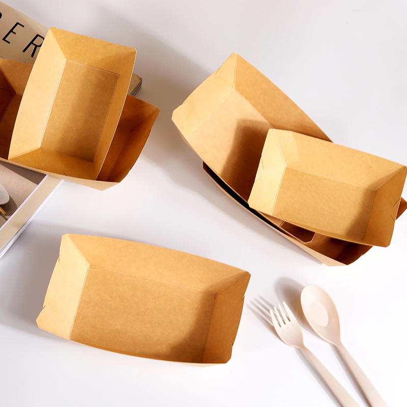 Customized Disposable Kraft Boat Box Embossed Logo Paper Bowl for Takeout Picnic Camping French Fries Snack Desserts Tray Plate
