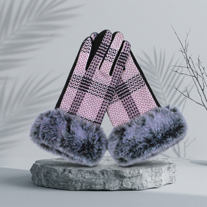 Gants d'hiver chauds en gros pour femmes, élégants, en tweed à carreaux, avec revers en fausse fourrure, compatibles écran tactile, pour la conduite, personnalisables pour votre marque - Product Image 4