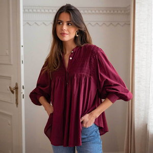 Camicetta da <span class=keywords><strong>donna</strong></span> <span class=keywords><strong>bordeaux</strong></span> all'ingrosso 100% maniche a lanterna di cotone camicia da <span class=keywords><strong>donna</strong></span> primavera estate autunno Casual a palloncino plissettato top - Product Image 1