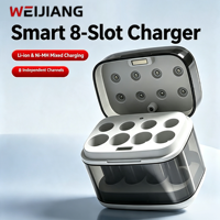 Chargeur de batterie intelligent 8 emplacements Type-C compatible avec les piles rechargeables Ni-MH 1,2 V AA et Li-ion 1,5 V, baies de charge indépendantes multiples