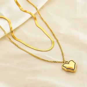 Fabrik direkt 18 Karat vergoldet Edelstahl doppels chichtige Herz Anhänger Halskette Schlangen kette Gold Halskette für Frauen