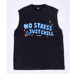 Chaleco Gráfico Oversize Gris Lavado con Letras Estilo Burbuja 'No Stress Just Chill', Estilo Casual, Playa, Streetwear, Nota Musical, Top Hip Hop para Hombre, Talla EE. UU. - Product Image 6