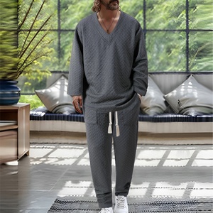 Conjunto Deportivo de Dos Piezas con Cuello en V y Jacquard para <span class=keywords><strong>Hombre</strong></span>, Cómodo, de Color Sólido, Informal, de Manga Larga y Pantalones Largos - Product Image 6