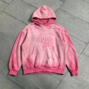 Sweat-shirt à capuche rose vintage délavé à l'acide pour homme, effet usé, déchiré, éclaboussures de peinture, coupe oversize, style streetwear décontracté - Product Image 4